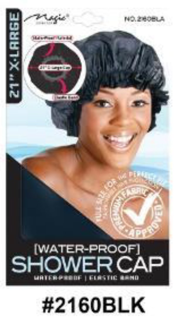 "21-inch X-Large Waterproof Shower Cap in Black (#2160BLK) with Elastic Band for Hair Protection."
