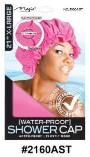 "21-inch X-Large Waterproof Shower Cap in Pink (#2160AST) with Elastic Band for Hair Protection."