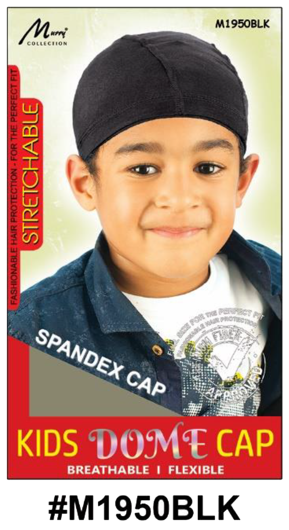 "Kids Dome Cap in Black (#M1950BLK) - Stretchable and Breathable Spandex Cap for Comfortable Hair Protection."