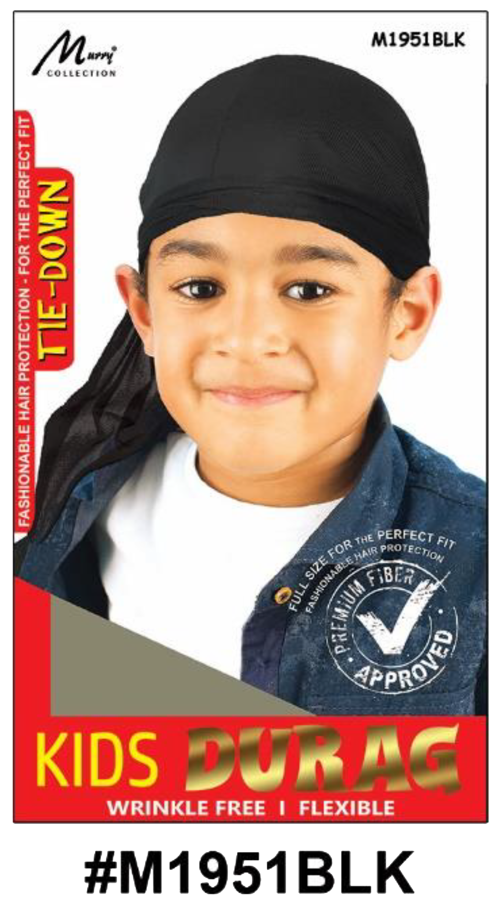"Kids Tie-Down Durag - Black (#M1951BLK) - Wrinkle-Free and Flexible with Adjustable Tie-Down Straps."