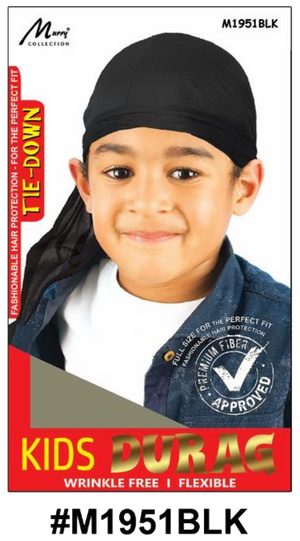 "Kids Tie-Down Durag - Black (#M1951BLK) - Wrinkle-Free and Flexible with Adjustable Tie-Down Straps."