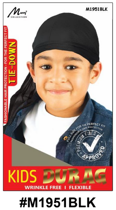 "Kids Tie-Down Durag - Black (#M1951BLK) - Wrinkle-Free and Flexible with Adjustable Tie-Down Straps."