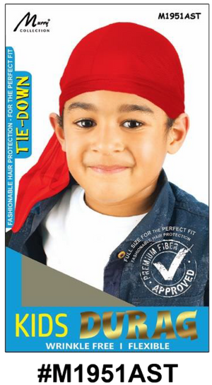 "Kids Tie-Down Durag - Assorted Colors (#M1951AST) - Wrinkle-Free and Flexible with Adjustable Tie-Down Straps."