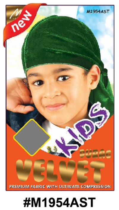 Alt Text: "Kids Velvet Durag in Assorted Colors (#M1954AST) - Premium Fabric with Ultimate Compression, Soft and Breathable."
