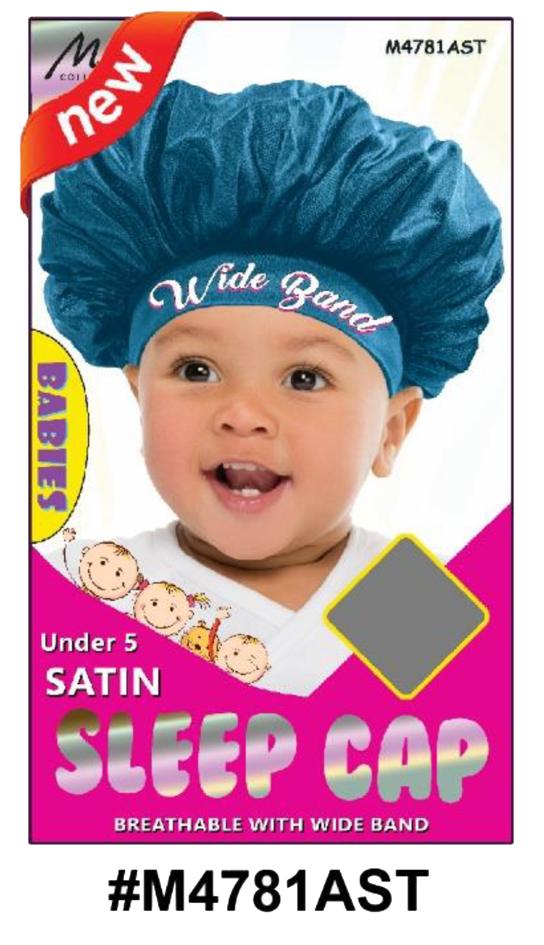 "Satin Sleep Cap for Babies in Assorted Colors (#M4781AST) - Wide Band, Under 5 Years, Breathable Design."