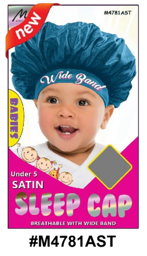 "Satin Sleep Cap for Babies in Assorted Colors (#M4781AST) - Wide Band, Under 5 Years, Breathable Design."