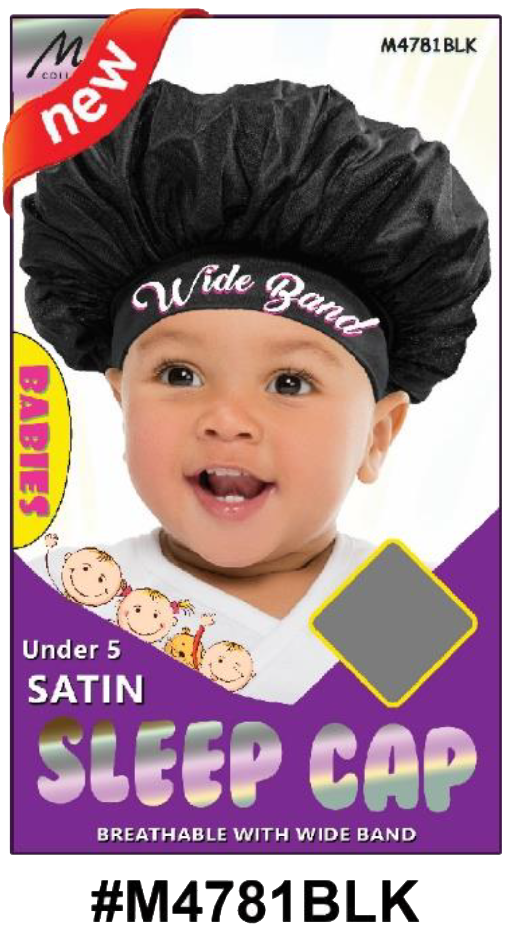 "Satin Sleep Cap for Babies in Black (#M4781BLK) - Wide Band, Under 5 Years, Breathable Design."
