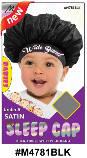 "Satin Sleep Cap for Babies in Black (#M4781BLK) - Wide Band, Under 5 Years, Breathable Design."