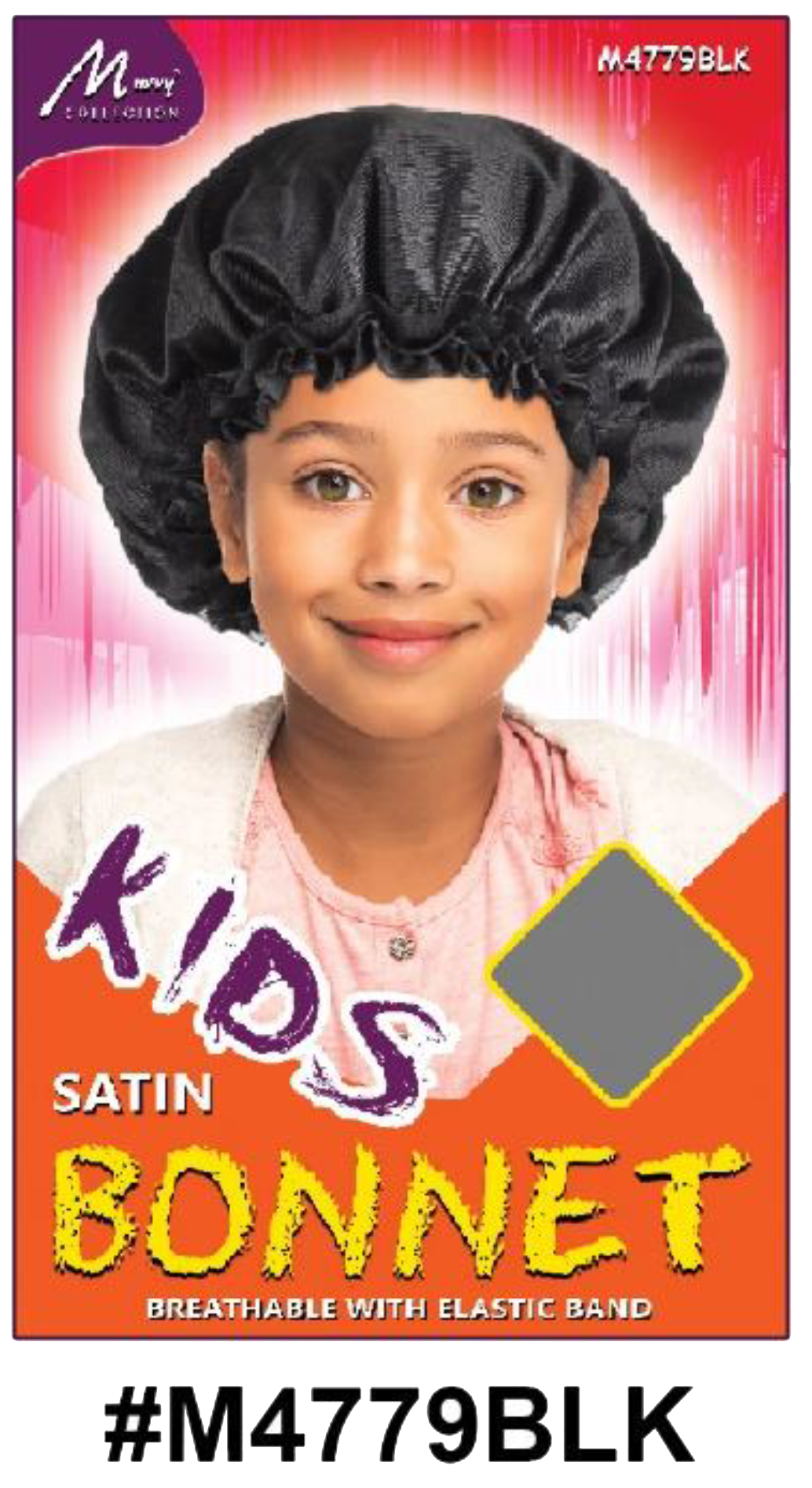 "Kids Satin Bonnet in Black (#M4779BLK) with Elastic Band for Hair Protection and Comfort."