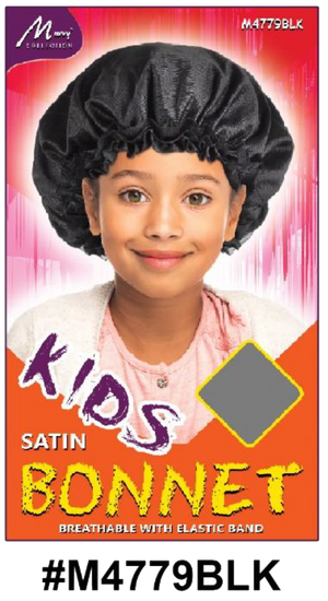 "Kids Satin Bonnet in Black (#M4779BLK) with Elastic Band for Hair Protection and Comfort."