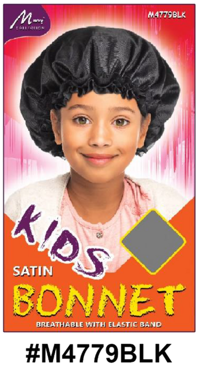 "Kids Satin Bonnet in Black (#M4779BLK) with Elastic Band for Hair Protection and Comfort."