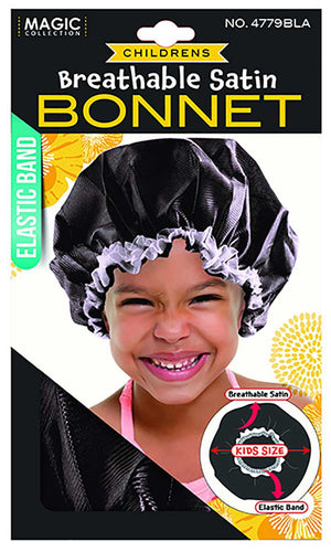 "Children's Breathable Satin Bonnet - Black (#4779BLA) - Elastic Band, Premium Satin Material."