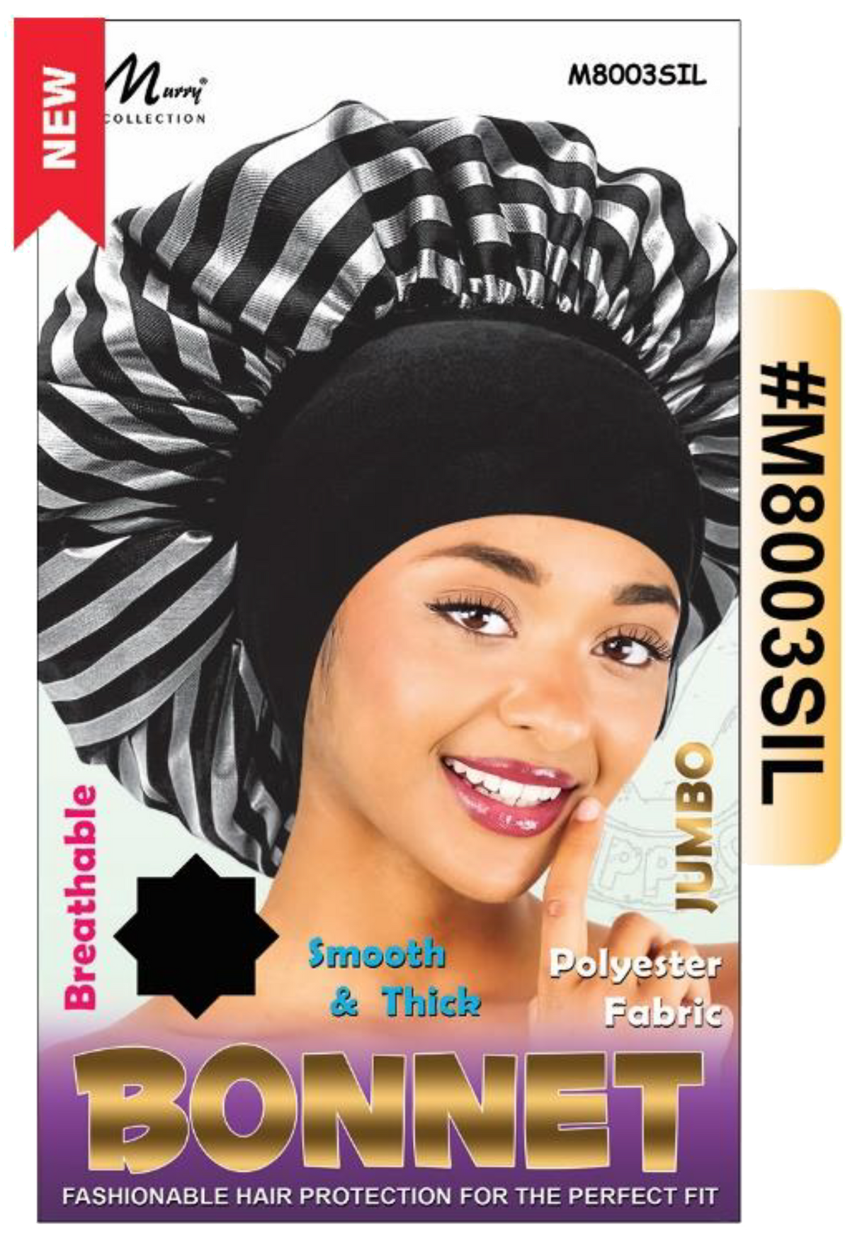 "Jumbo Satin Bonnet in Silver Stripes - Smooth & Thick Polyester Fabric - Breathable & Secure Fit."
