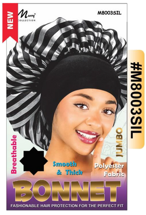 "Jumbo Satin Bonnet in Silver Stripes - Smooth & Thick Polyester Fabric - Breathable & Secure Fit."