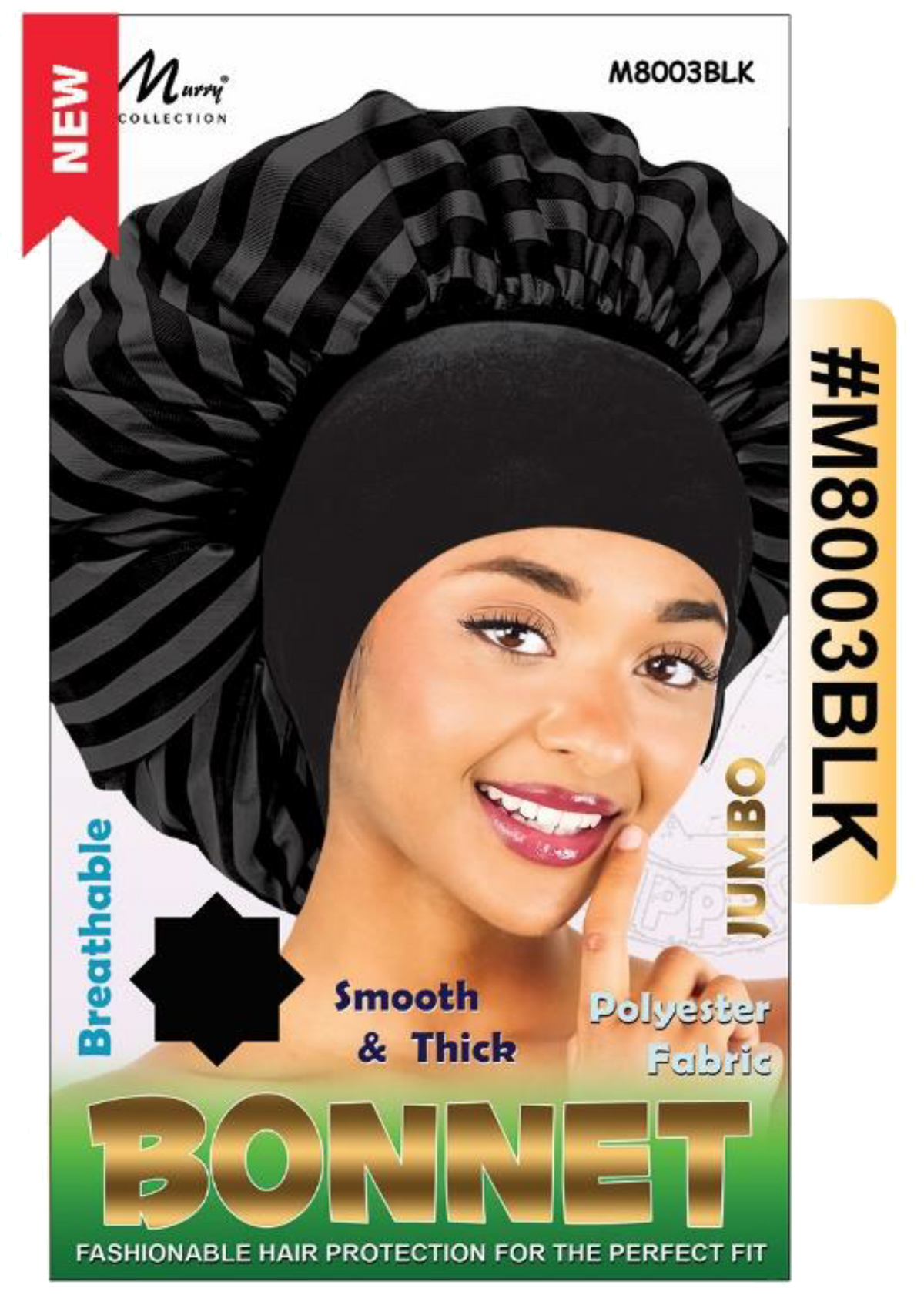 "Jumbo Satin Bonnet in Black Stripes - Smooth & Thick Polyester Fabric - Comfortable Elastic Band."