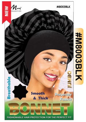 "Jumbo Satin Bonnet in Black Stripes - Smooth & Thick Polyester Fabric - Comfortable Elastic Band."