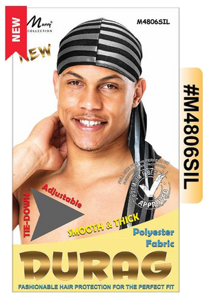 "Adjustable Tie-Down Durag in Silver (#M4806SIL) - Smooth & Thick Polyester Fabric with Premium Fiber Approved Design."