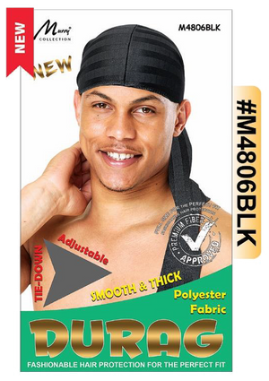 "Adjustable Tie-Down Durag in Black (#M4806BLK) - Smooth & Thick Polyester Fabric with Premium Fiber Approved Design."