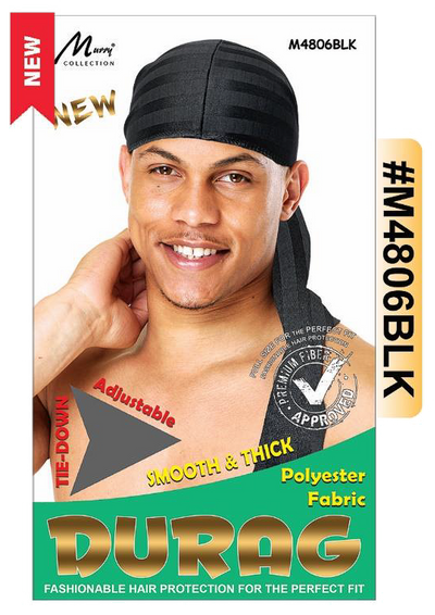 "Adjustable Tie-Down Durag in Black (#M4806BLK) - Smooth & Thick Polyester Fabric with Premium Fiber Approved Design."