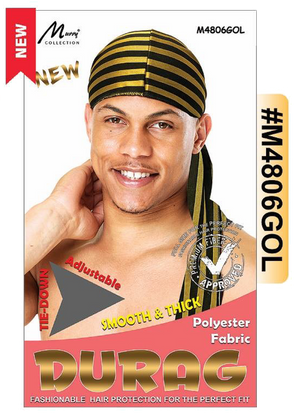 "Adjustable Tie-Down Durag in Gold (#M4806GOL) - Smooth & Thick Polyester Fabric with Premium Fiber Approved Design."