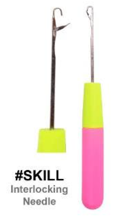 Interlocking needle with pink and green handle on a white background