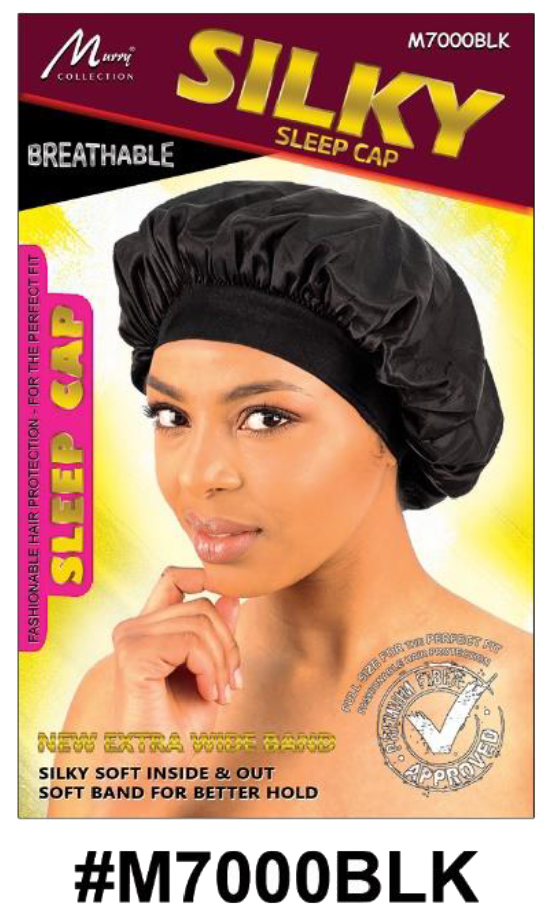 "Silky Sleep Cap in Black (#M7000BLK) - Extra Wide Band, Silky Soft Material, and Breathable Design."