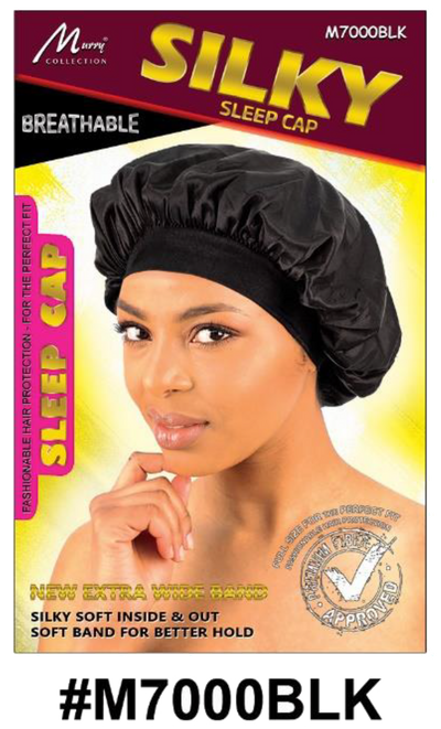 "Silky Sleep Cap in Black (#M7000BLK) - Extra Wide Band, Silky Soft Material, and Breathable Design."