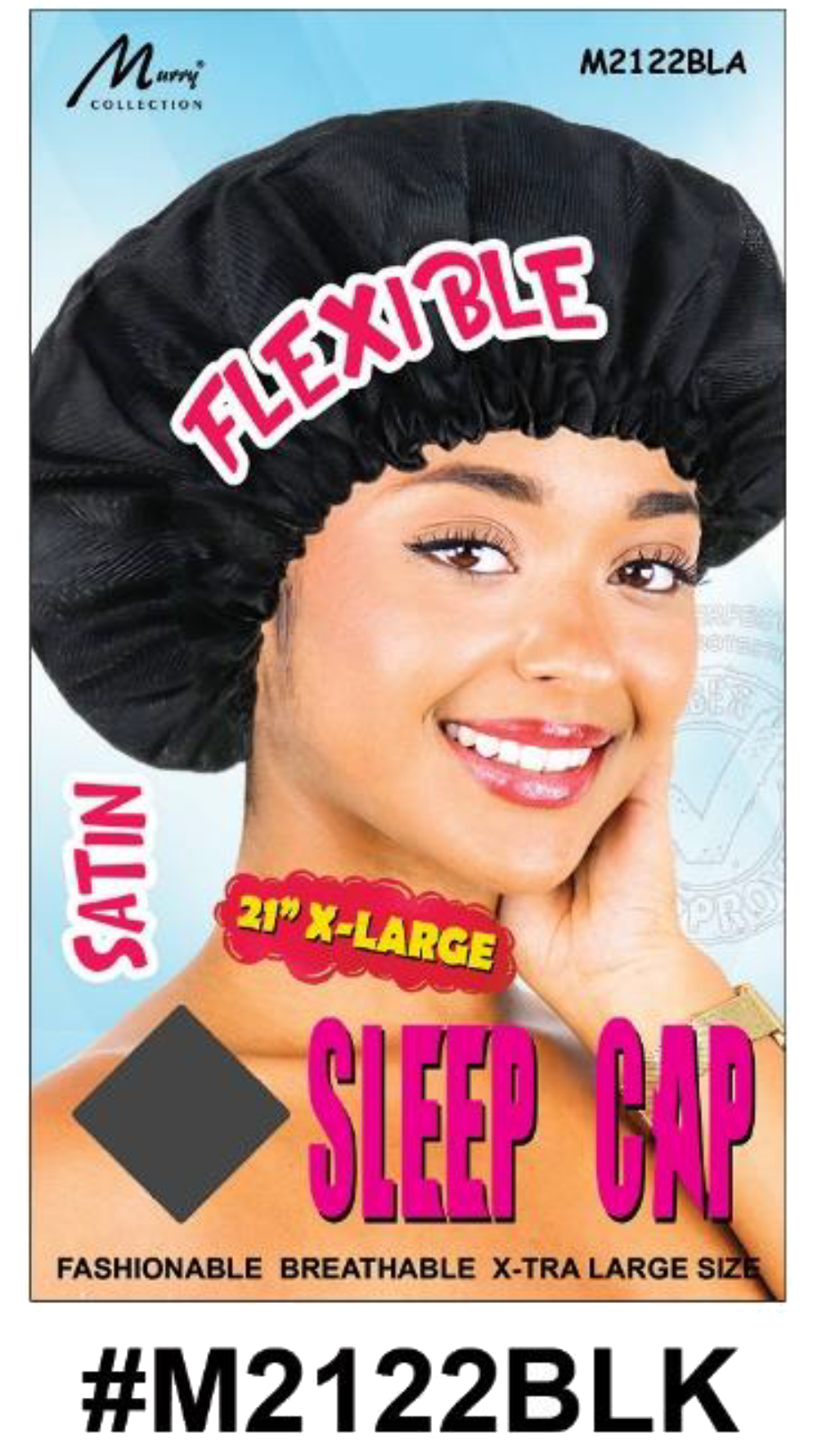 "Flexible Satin Sleep Cap in Black (#M2122BLK) - 21-Inch X-Large Size with Elastic Band, Gentle Hair Protection."