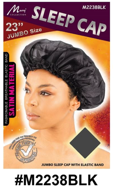 "23 Inch Jumbo Satin Sleep Cap in Black (#M2238BLK) with Elastic Band for Hair Protection."