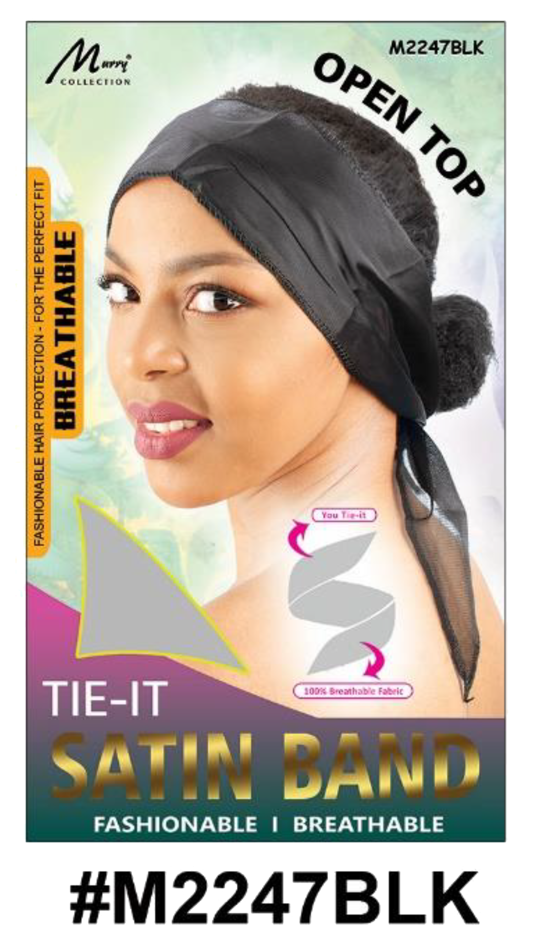 "Tie-It Satin Band in Black (#M2247BLK) - Open Top, Adjustable Design, and Breathable Fabric for Stylish Hair Management."