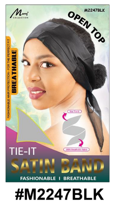 "Tie-It Satin Band in Black (#M2247BLK) - Open Top, Adjustable Design, and Breathable Fabric for Stylish Hair Management."