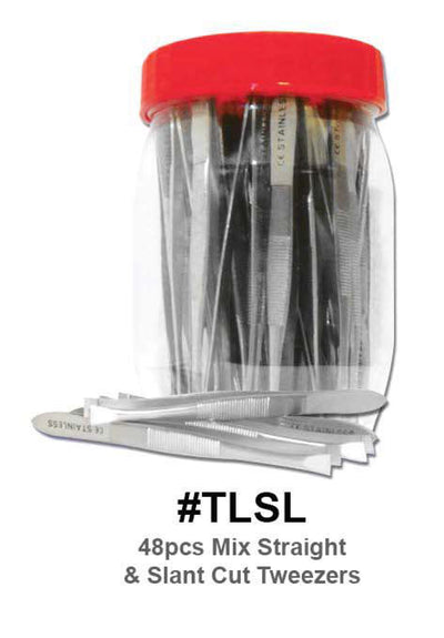 Set of tweezers in a clear container with a red lid on a white background