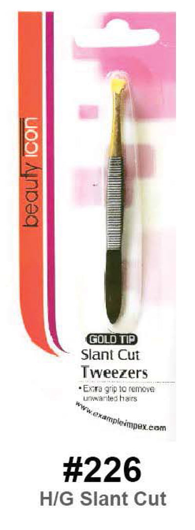 Slant cut tweezers in packaging with 'beauty icon' branding.