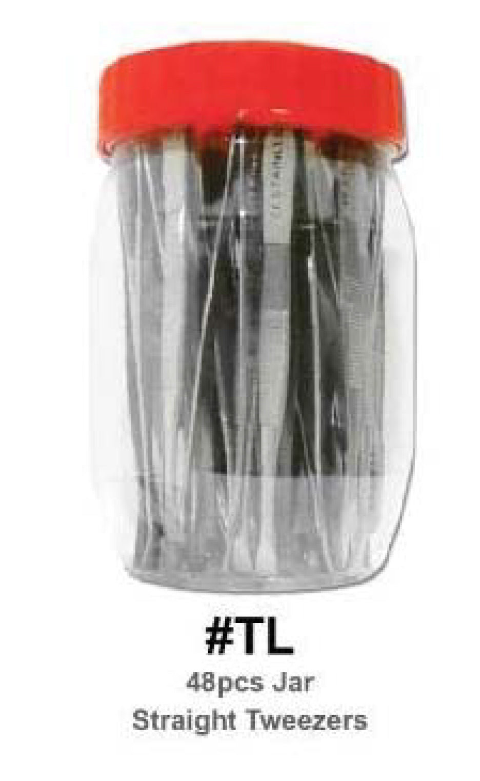 Clear jar with red lid containing 48 straight tweezers, brand 'TL' visible.