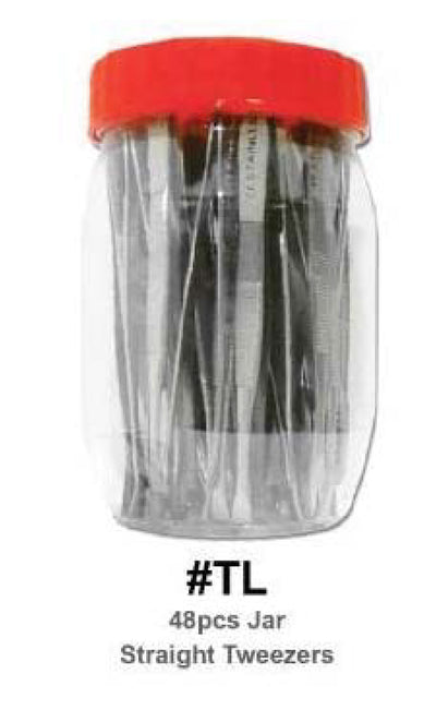 Clear jar with red lid containing 48 straight tweezers, brand 'TL' visible.