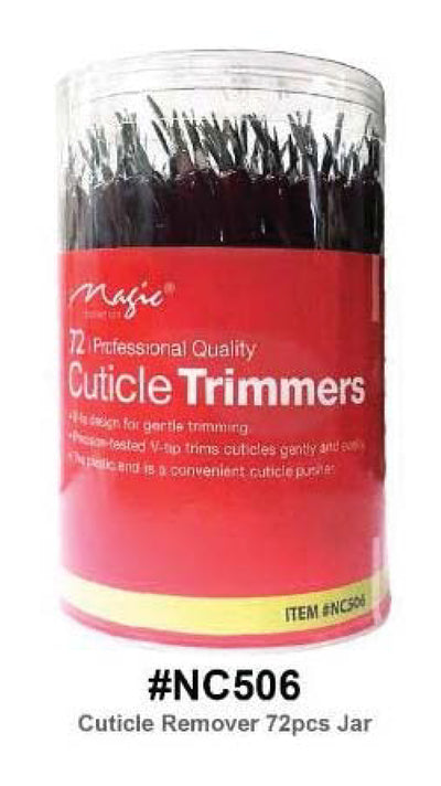 Container of cuticle trimmers with a red label on a white background