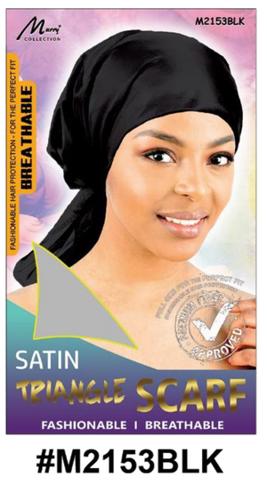 "Black Satin Triangle Scarf - Breathable and Fashionable Hair Protection (#M2153BLK)."