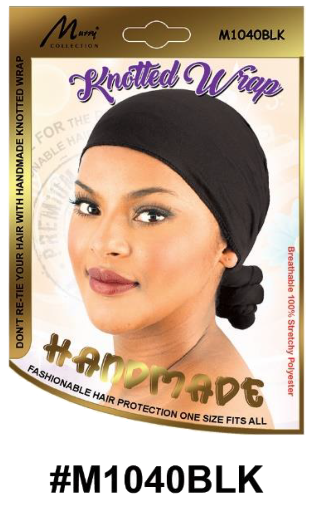 "Handmade Knotted Wrap in Black (#M1040BLK) - Fashionable and Breathable Hair Protection."
