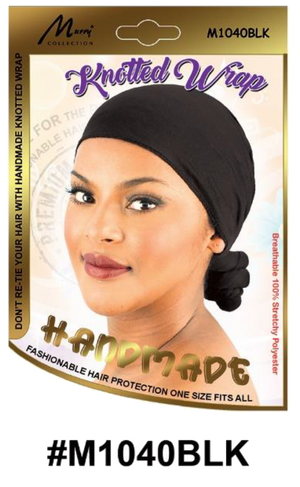 "Handmade Knotted Wrap in Black (#M1040BLK) - Fashionable and Breathable Hair Protection."