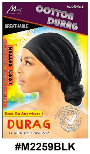 "Cotton Durag in Black (#M2259BLK) - 100% Cotton Material, Breathable, and Fashionable."