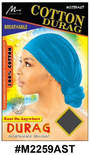 "Cotton Durag in Assorted Colors (#M2259AST) - 100% Cotton Material, Breathable, and Fashionable."