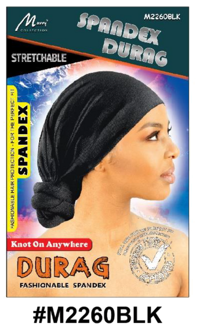 "Spandex Durag in Black (#M2260BLK) - Stretchable and Fashionable Hair Accessory."