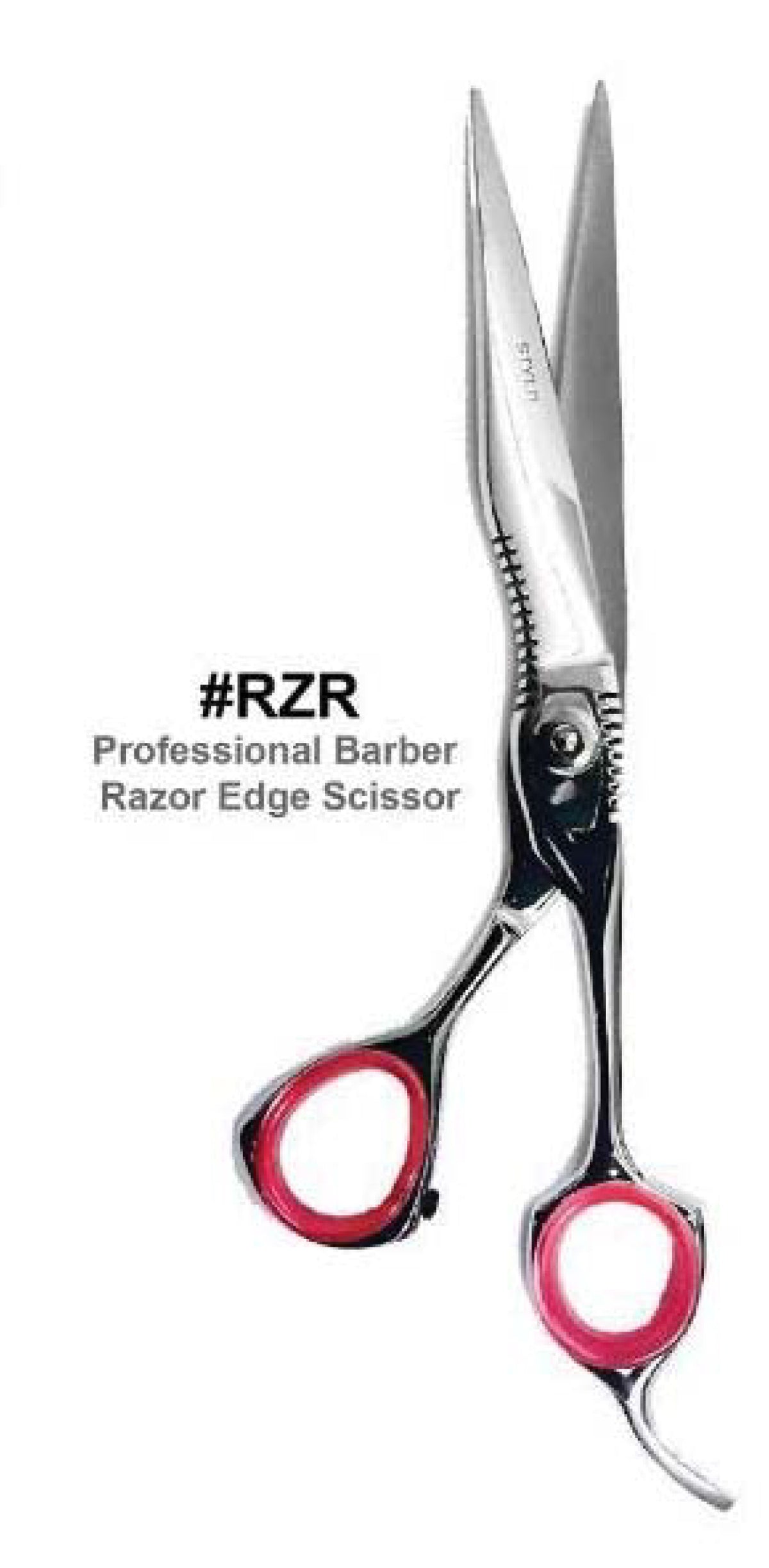 Professional barber razor edge scissors with red handles on a white background