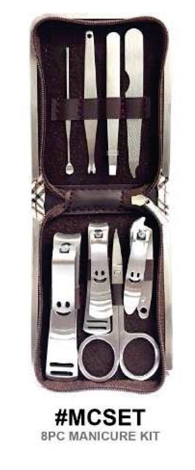 8-piece manicure kit with tools and a brown case, featuring the hashtag #MCSET.