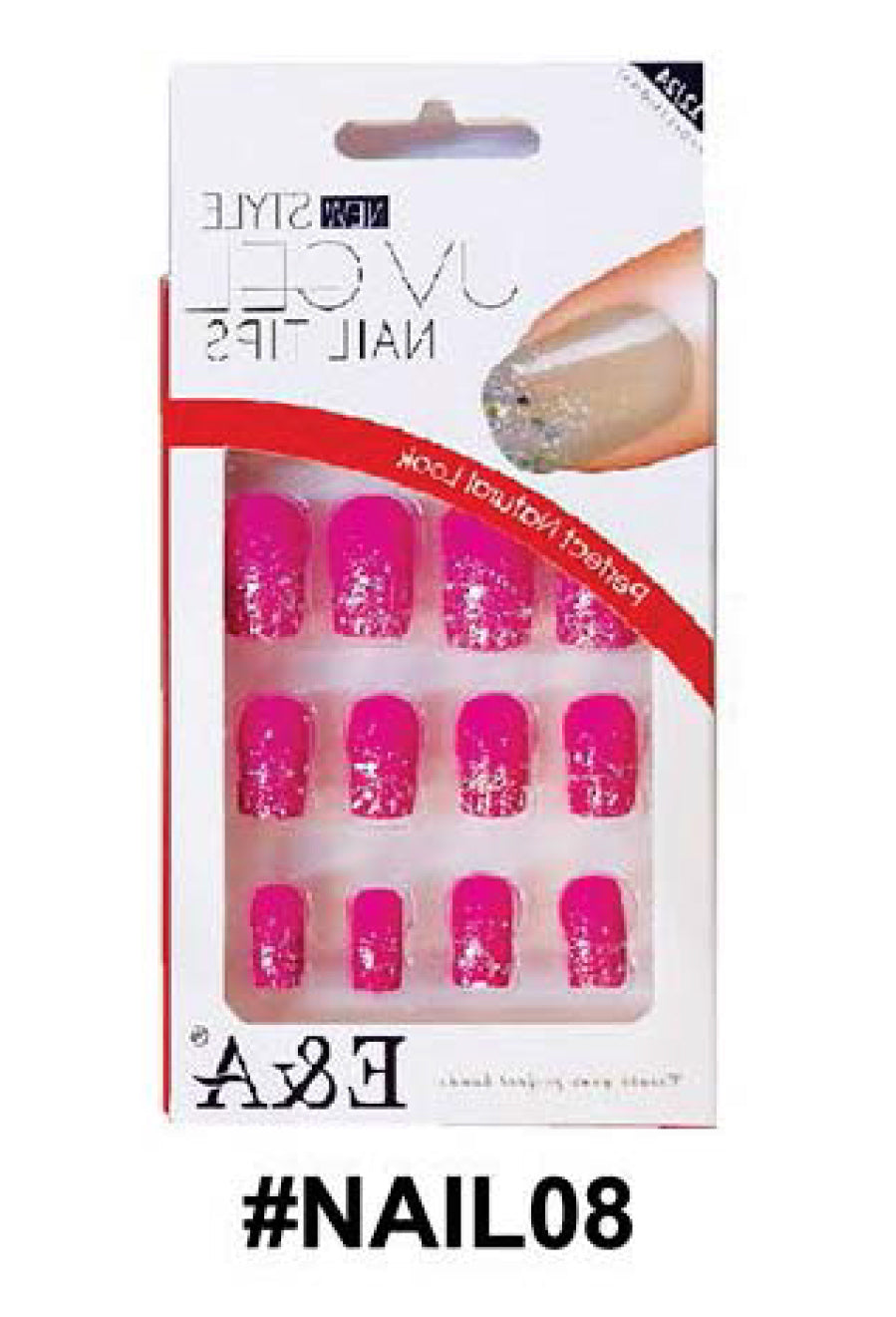 Artificial Nail Tips - Hot Pink Glitter 12pcs #NAIL08