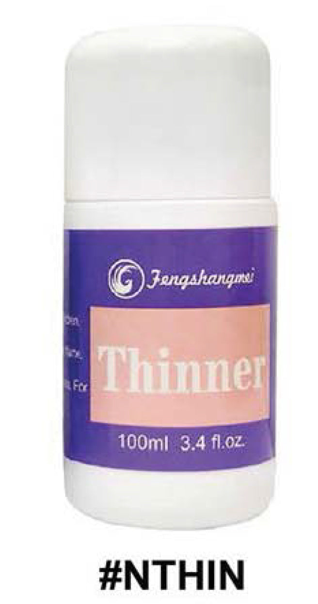Bottle of thinner with a purple label on a white background