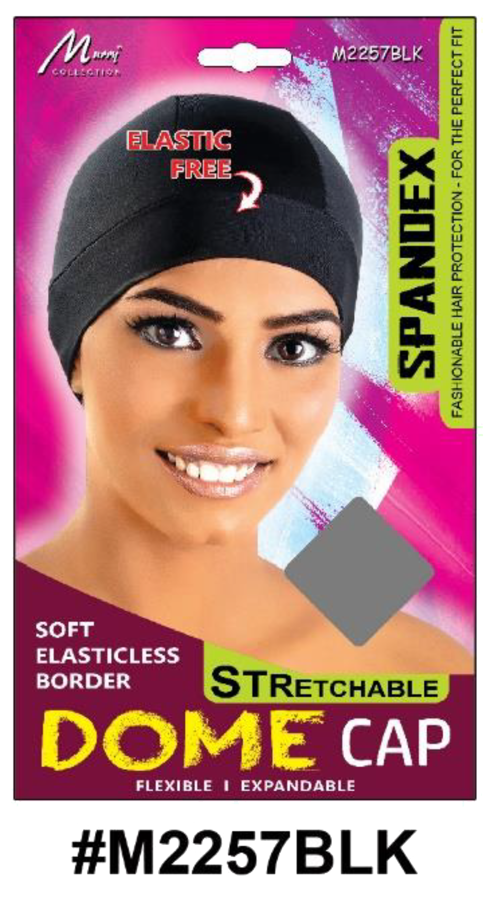 "Spandex Dome Cap - Elastic-Free Black (#M2257BLK) with Soft Border for Maximum Comfort."