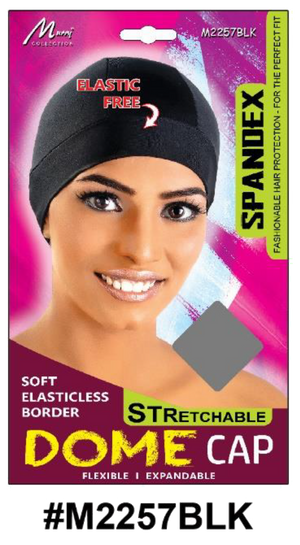 "Spandex Dome Cap - Elastic-Free Black (#M2257BLK) with Soft Border for Maximum Comfort."