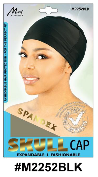"Spandex Skull Cap in Black (#M2252BLK) - Expandable and Lightweight for Hair Protection and Styling."