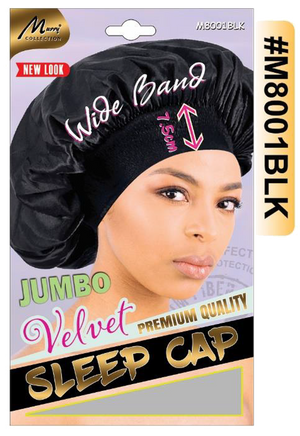 "Jumbo Velvet Sleep Cap in Black (#M8001BLK) - Premium Quality with Wide Band."